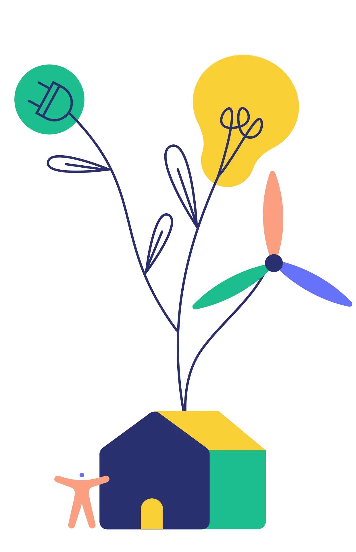 Illustration de la page d'accueil - Une maison avec une éolienne, une ampoule et une prise électrique